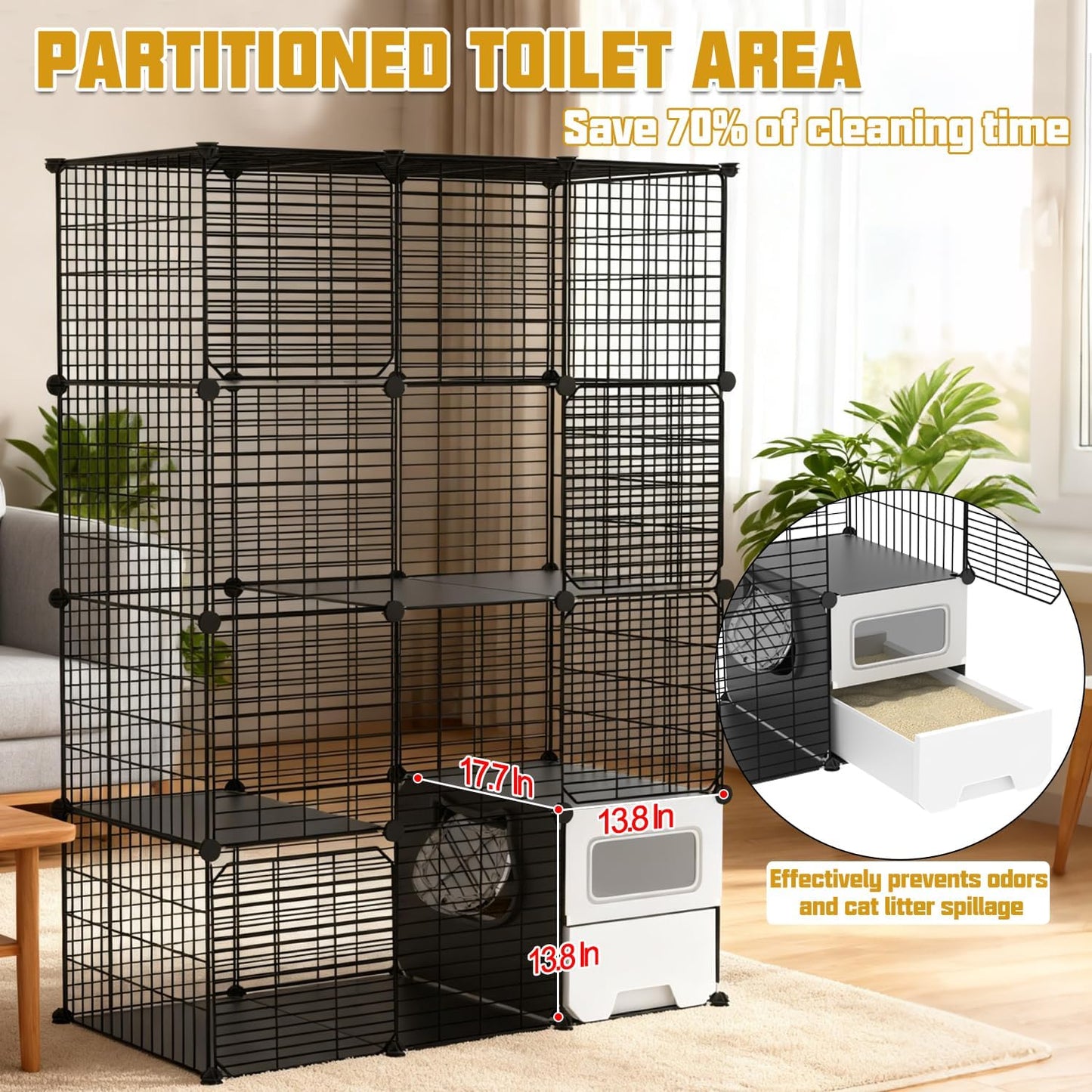 Cat Cage Indoor with Litter Box 4-Tier DIY Cat Crate, Cat Playpen Indoor & Outdoor Detachable Metal Wire Large Exercise Place Ideal