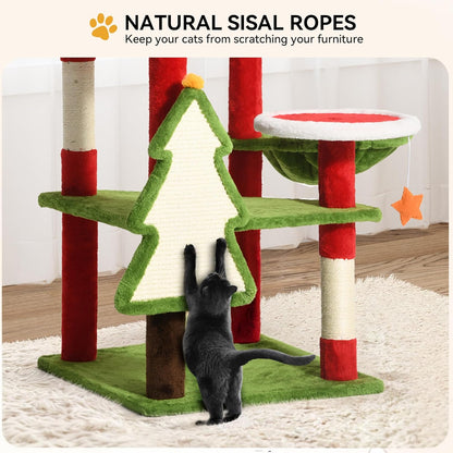 DWVO 54in Christmas Cat Tree Tower with Sisal Scratching Posts, Cat House Furniture with Cat Condos, Top Perches, Hammock, Kitty Tower Tall for Cats to Play and Sleep