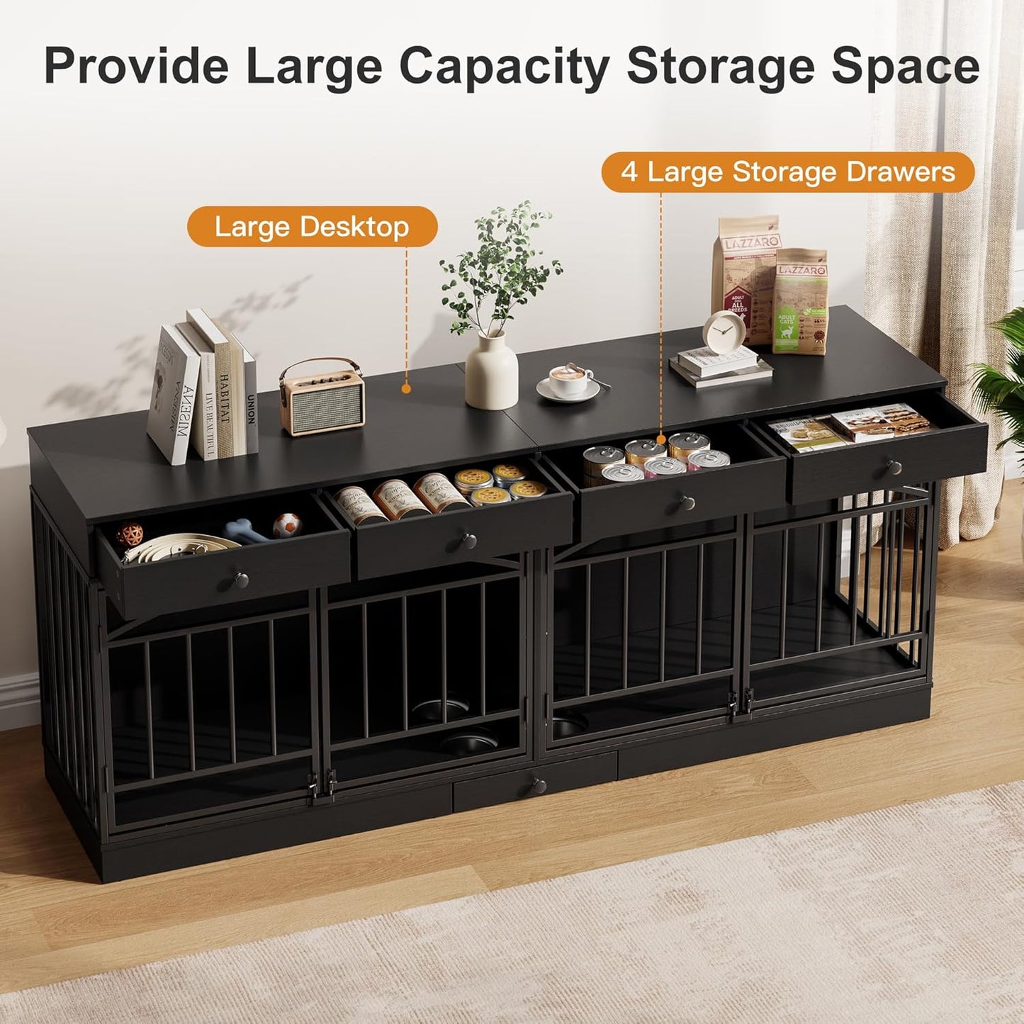 GarveeHome Dog Crate Furniture for 2 Dogs, Dog Kennel Indoor with 4 Storage Drawers and Feeding Bowls, Double Dog Crate TV Stand for Small Medium Dogs, Black