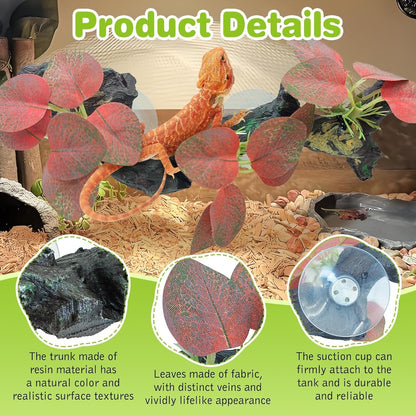 kathson 2 PCS Reptile Corner Branch Resin Snake Climbing Accessories with Leaves Terrarium Plant Decoration with Suction Cup for Frog Lizard Bearded Dragon Gecko Spider Climbing 7.8 x 3.1 x 1.4 inches