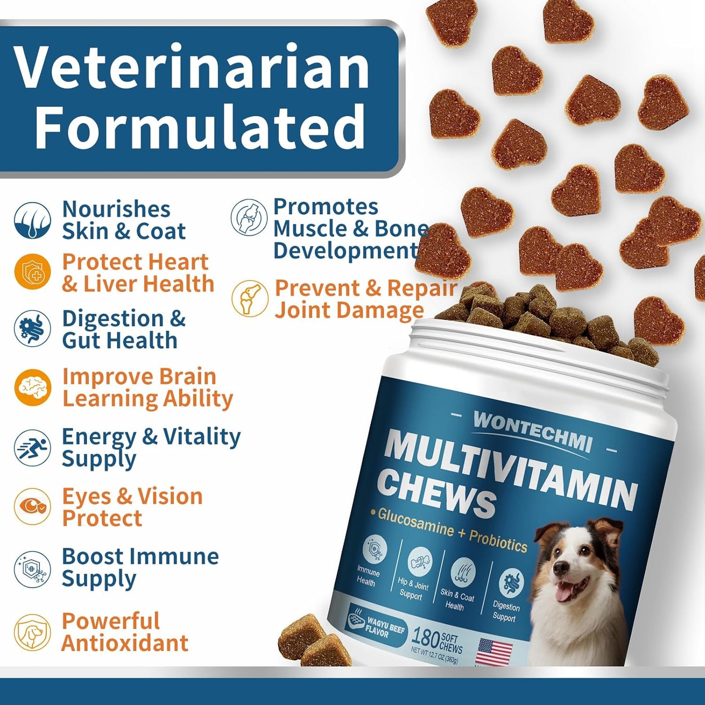 Dog Multivitamin, Glucosamine Chondroitin for Dogs, Krill Oil, Probiotics, Dog Vitamins and Supplements for Heart, Hip & Joints, Immune Health, Digestion, Skin, Coat (180 Chews, Wagyu Beef)