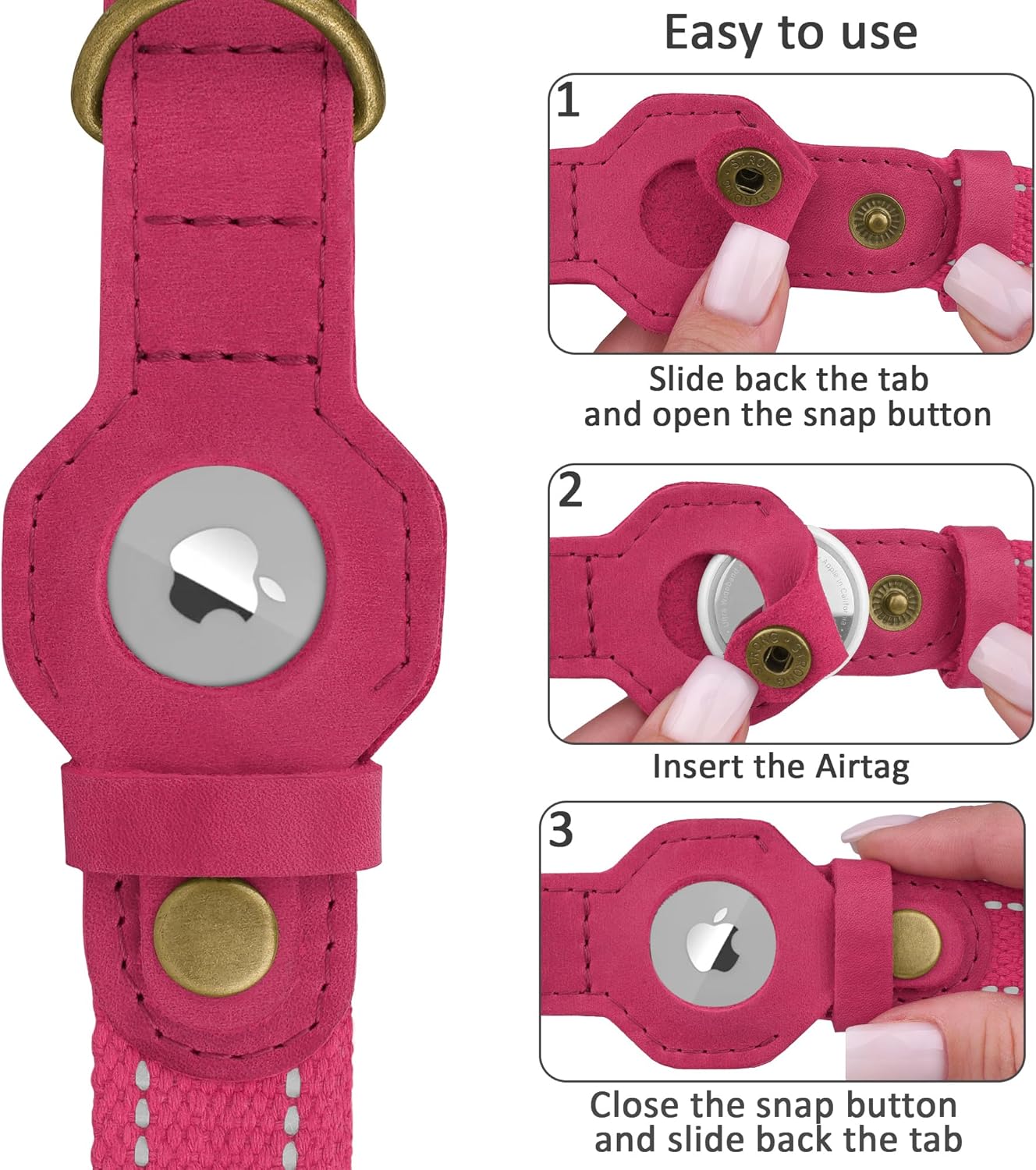 Reflective Leather Dog Collar with AirTag Holder - Soft Apple Airtag Dog Collar with Metal Buckle - Safety Cotton Pet Collars for Dogs Small Large Dogs Puppy (Pink, XS, 9"-12")