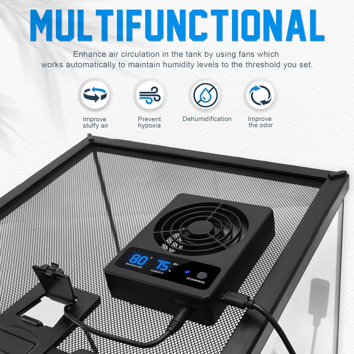 Reptile Ventilation Fan with Humidity Sensor and High-Temp Alarm, Fan Dehumidifier for Reptile Enclosure and Terrarium, Suitable for Humid Environments, Rainforest and Ecological Tanks