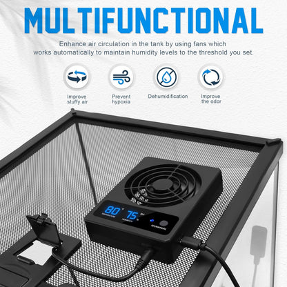 Reptile Ventilation Fan with Humidity Sensor and High-Temp Alarm, Fan Dehumidifier for Reptile Enclosure and Terrarium, Suitable for Humid Environments, Rainforest and Ecological Tanks