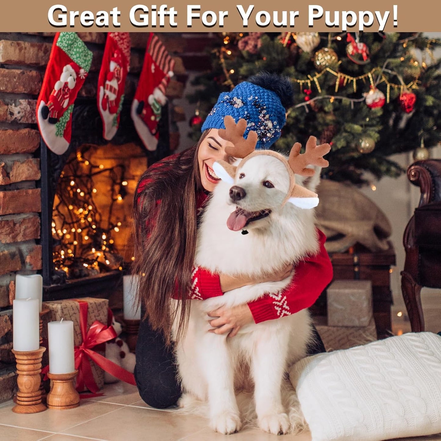 Beviliu Dog Reindeer Antlers Headband, Brown Dog Christmas Antlers Costume for Medium Large Dogs Fluffy Elastic Pet Costume, Adjustable Deer Antlers for Dogs & Cats Halloween Party Birthday