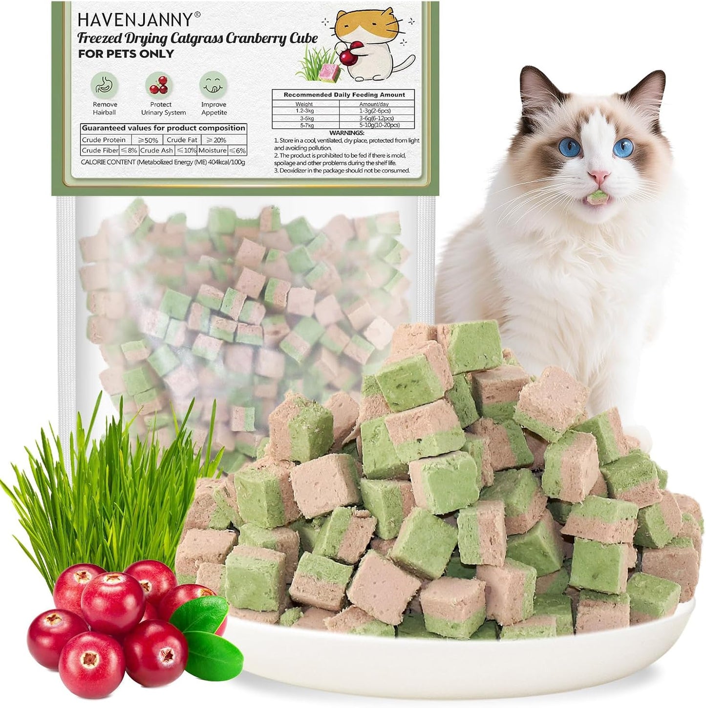 HavenJanny Freezed-Dried Cat Grass Treats, Catgrass Cranberry Duo Bites, Cat Dental Treats for Hairball Control and Urinary Tract Support, Cats Teething Stick (60g, Cranberry)