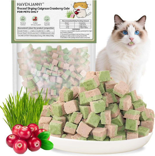 HavenJanny Freezed-Dried Cat Grass Treats, Catgrass Cranberry Duo Bites, Cat Dental Treats for Hairball Control and Urinary Tract Support, Cats Teething Stick (60g, Cranberry)