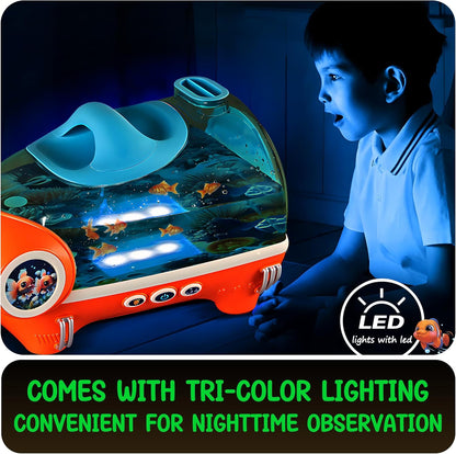 Small Fish Tank, Portable Betta Fish Tank for Kids with LED Light, Air Pump,Battery,Small Aquarium KIT - Perfect for Home Decor and Pet Care,Educational Science Gifts for Kids