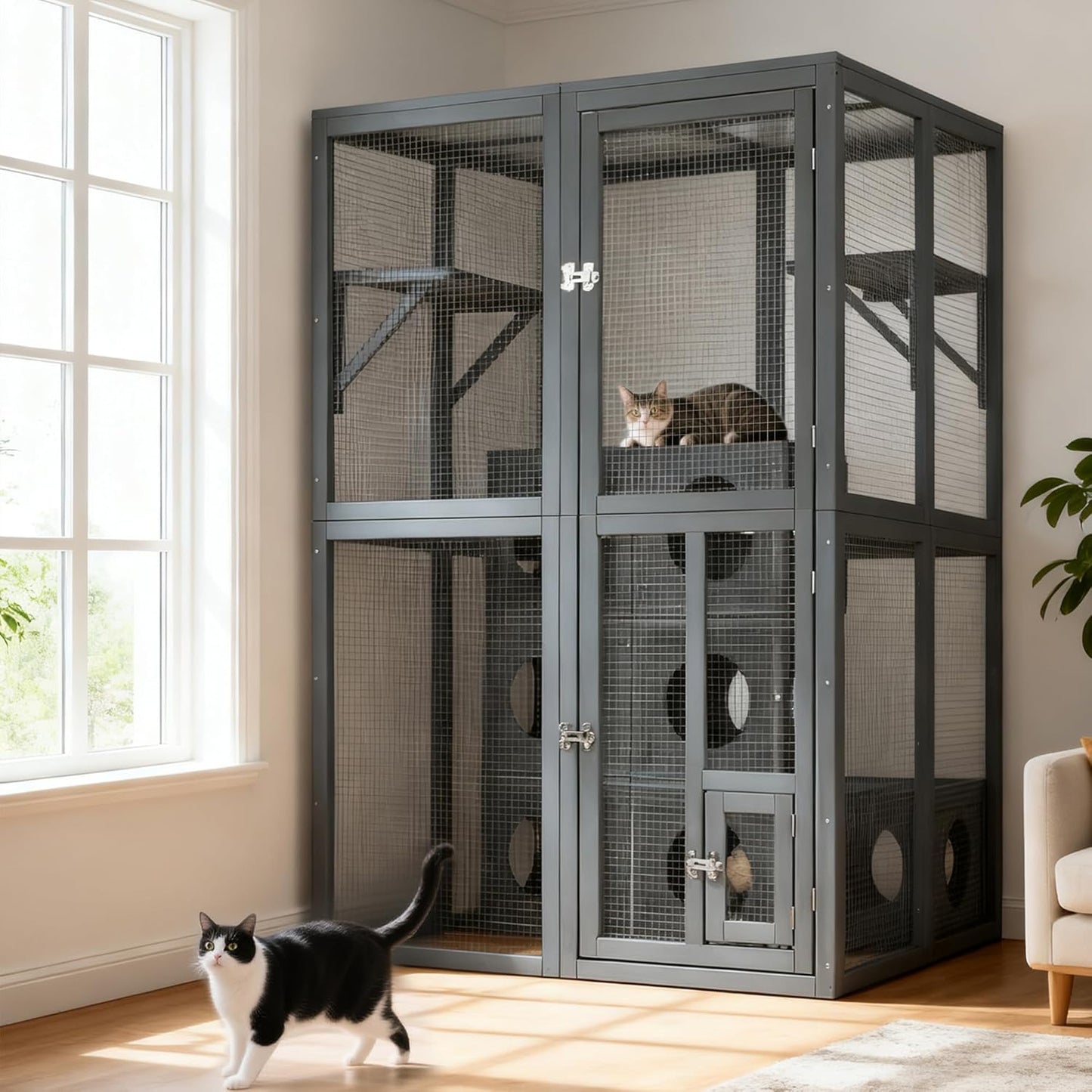 Outdoor Cat House,69" Catio Outdoor Cat Enclosure W/ 7 Freely Combination Wood Boxes & Climbing Shelves,Wooden Walk in Cat Cage W/ 2 Platforms & Double Enter Doors,for Multiple Cats,Gray