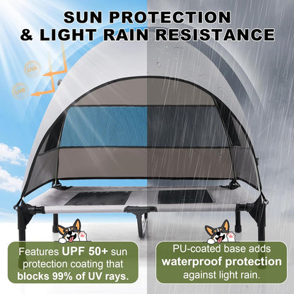 Medium Outdoor Dog Bed with UV Canopy, Elevated Pet Cot for Dogs up to 78 Lbs, Waterproof and Scratch-Resistant Raised Dog Tent with Breathable Mesh for Backyard, Patio, Camping or Indoor Use
