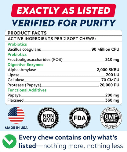 STRELLALAB Dog Probiotics for Digestive Health & Enzymes - Diarrhea, Gas, Upset Stomach Relief & Season Allergy - Pet Probiotics for Dogs- Chews for Digestion - Gut Health for Dogs (60Ct)