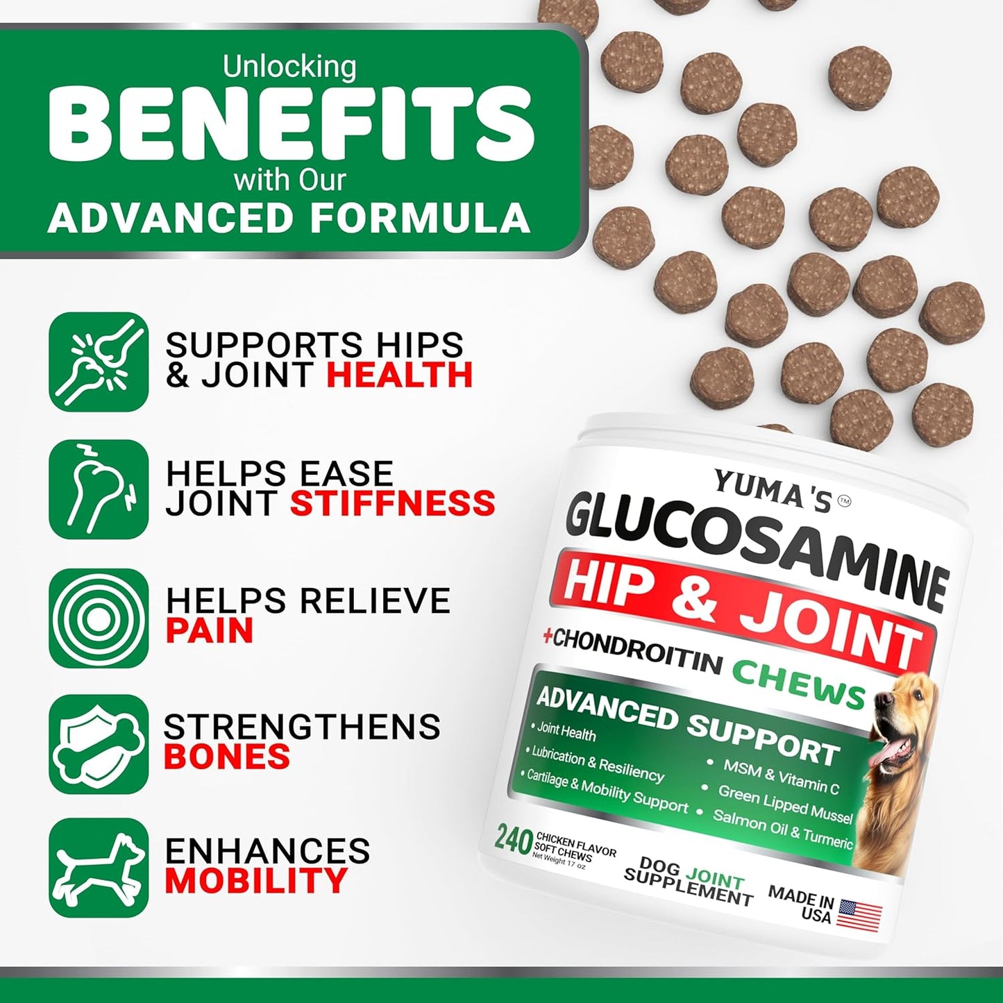 Glucosamine for Dogs - 240 Chews - Hip and Joint Supplement for Dogs - Advanced Glucosamine Chondroitin Treats with MSM - Joint Pain Relief - Large & Small Breed - Mobility Support - Made in USA