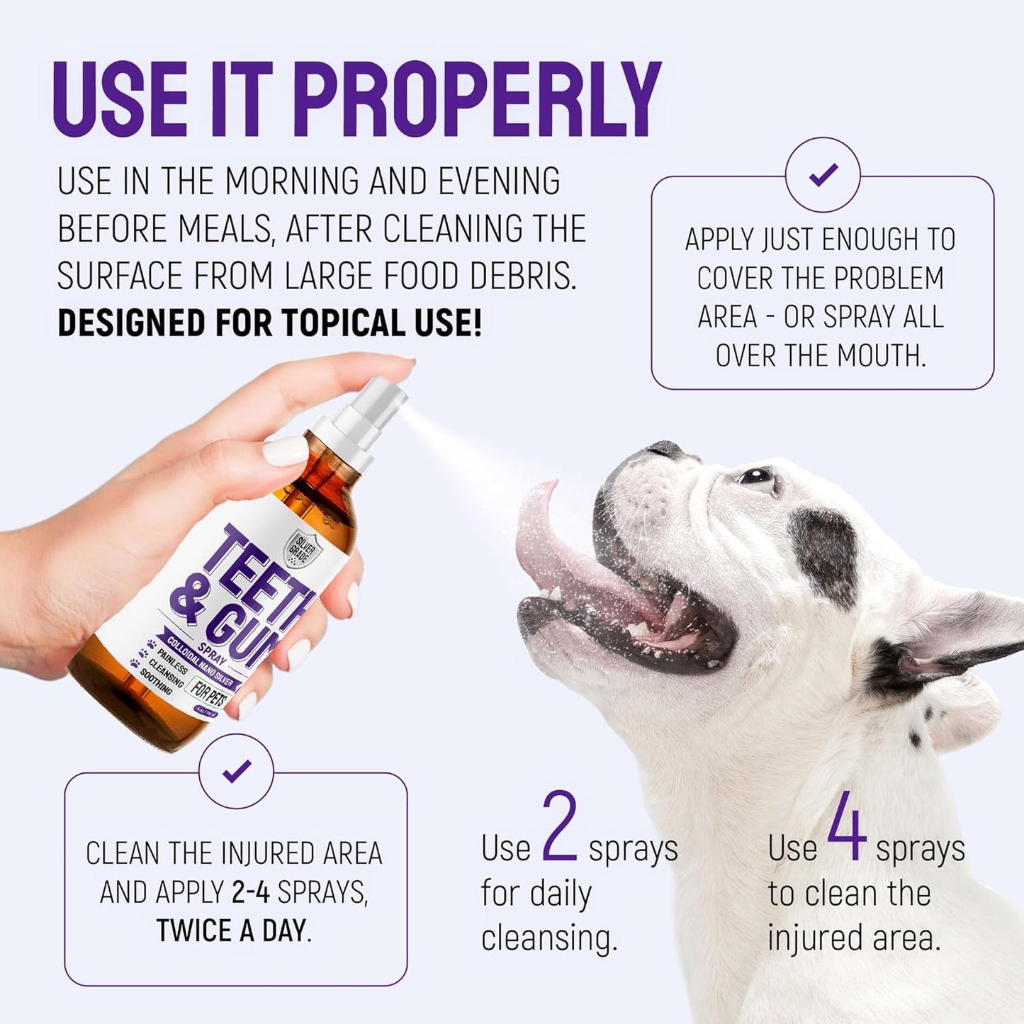 SILVER GRADE Teeth & Gum Dog Breath Spray for Pets Mouth – Cat Dental Care with Silver – Dog Breath Freshener Helps with Tartar & Caries – Plaque Remover for Daily Use – 4 Oz