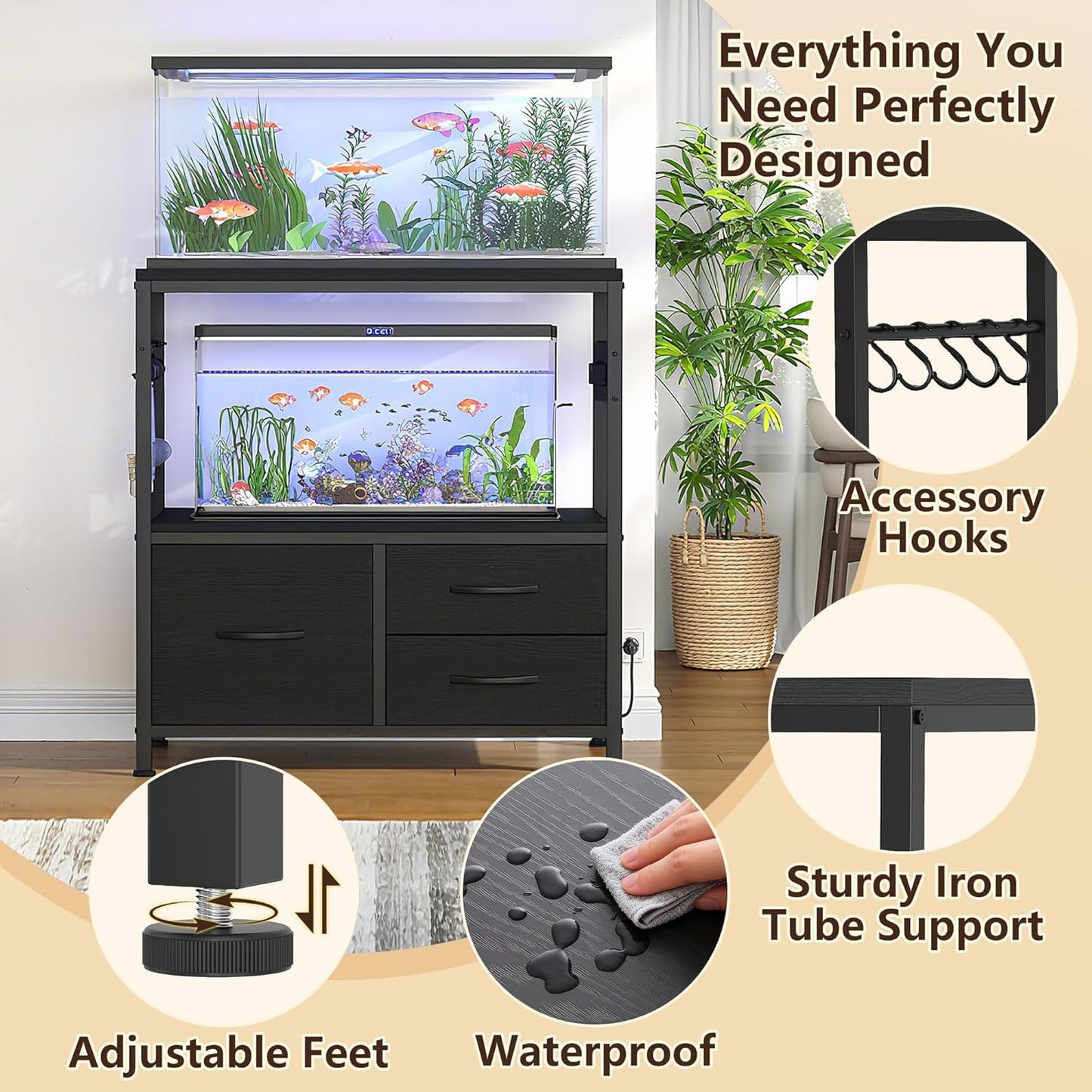 Heybly 20-29 Gallon Fish Tank Stand, Aquarium Stand with Drawer, Power Outlet, Heavy Duty Metal Frame, for Fish Tank, Turtle & Reptile Terrarium, 31.5" x 15.7" Top, 330lbs, Black HAS001BK