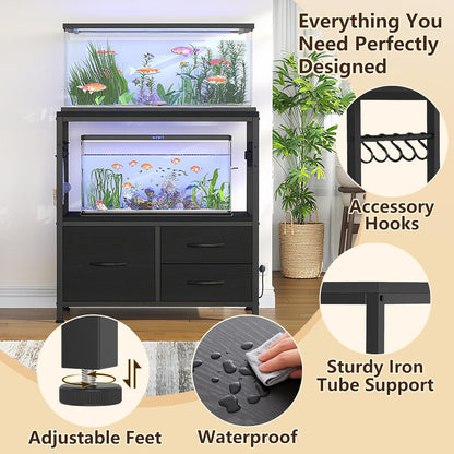 Heybly 20-29 Gallon Fish Tank Stand, Aquarium Stand with Drawer, Power Outlet, Heavy Duty Metal Frame, for Fish Tank, Turtle & Reptile Terrarium, 31.5" x 15.7" Top, 330lbs, Black HAS001BK