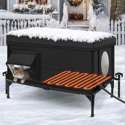 Heated Outdoor Cat House Weatherproof with Heating Pad, Heated Cats House for Outside, Insulated Feral Cat Houses for Outdoor Cats with Safe Escape Door, Elevated Outside Stray Cats Shelter(L)