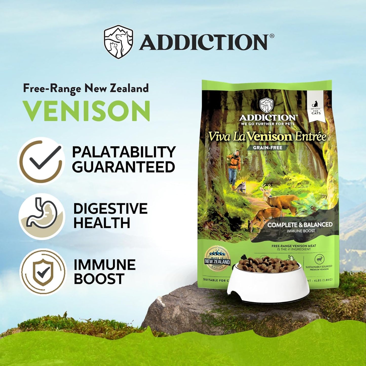 Addiction Viva La Venison Grain-Free Dry Cat Food - with Premium Venison to Support Muscle Development & Maintenance - High-Protein Recipe with Chicken & Low Carb - Made in New Zealand - 4lbs (2-pk)