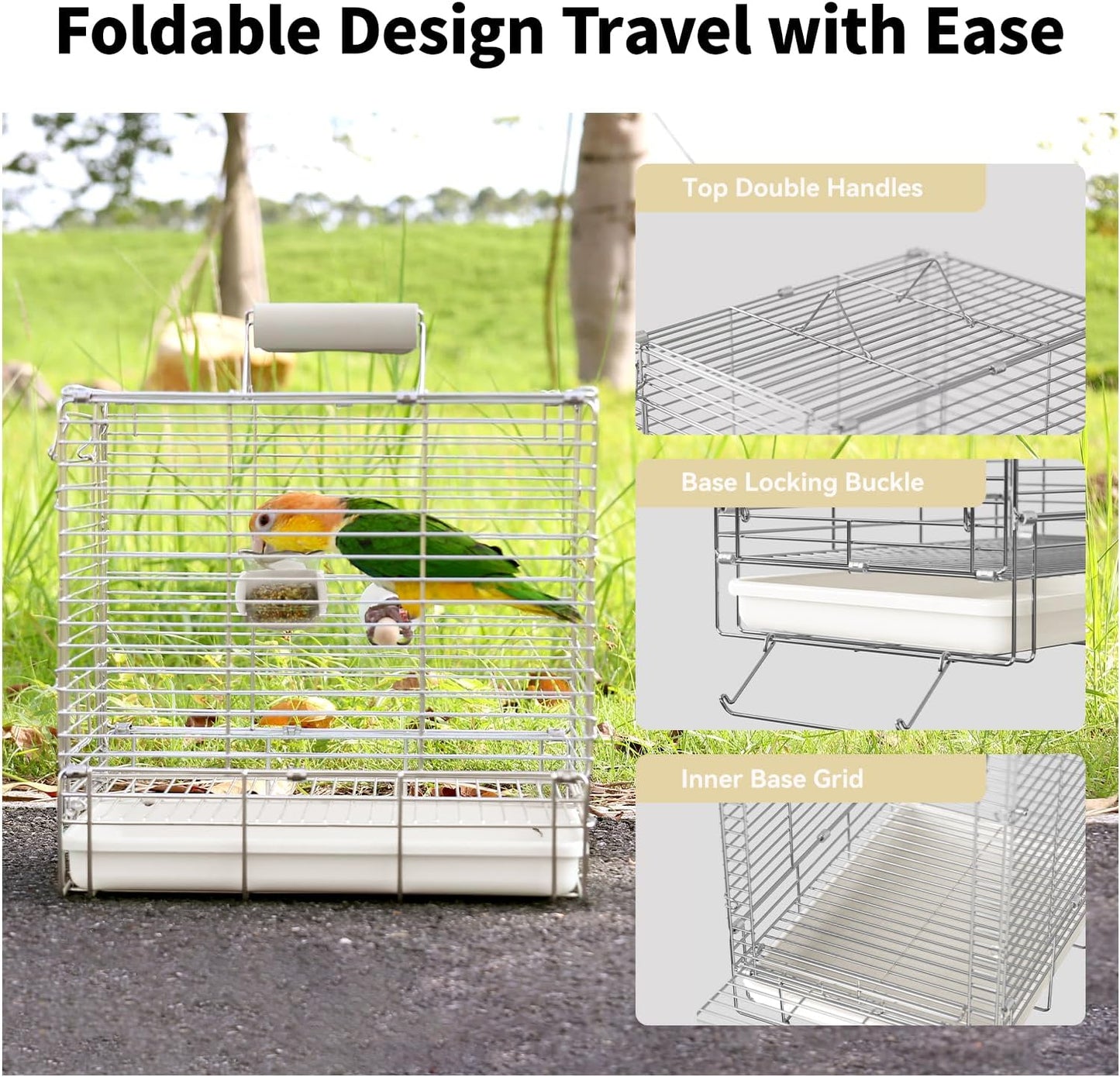 Bird Carrier Travel Cage - 304 Stainless Steel Portable Folding Bird Travel Cage with Parrot Feeder Cups & Standing Perch for Smaller Birds Conures Lovebird Cockatiel Parakeets (White)