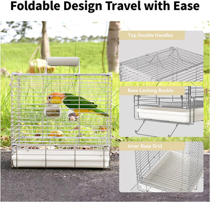 Bird Carrier Travel Cage - 304 Stainless Steel Portable Folding Bird Travel Cage with Parrot Feeder Cups & Standing Perch for Smaller Birds Conures Lovebird Cockatiel Parakeets (White)
