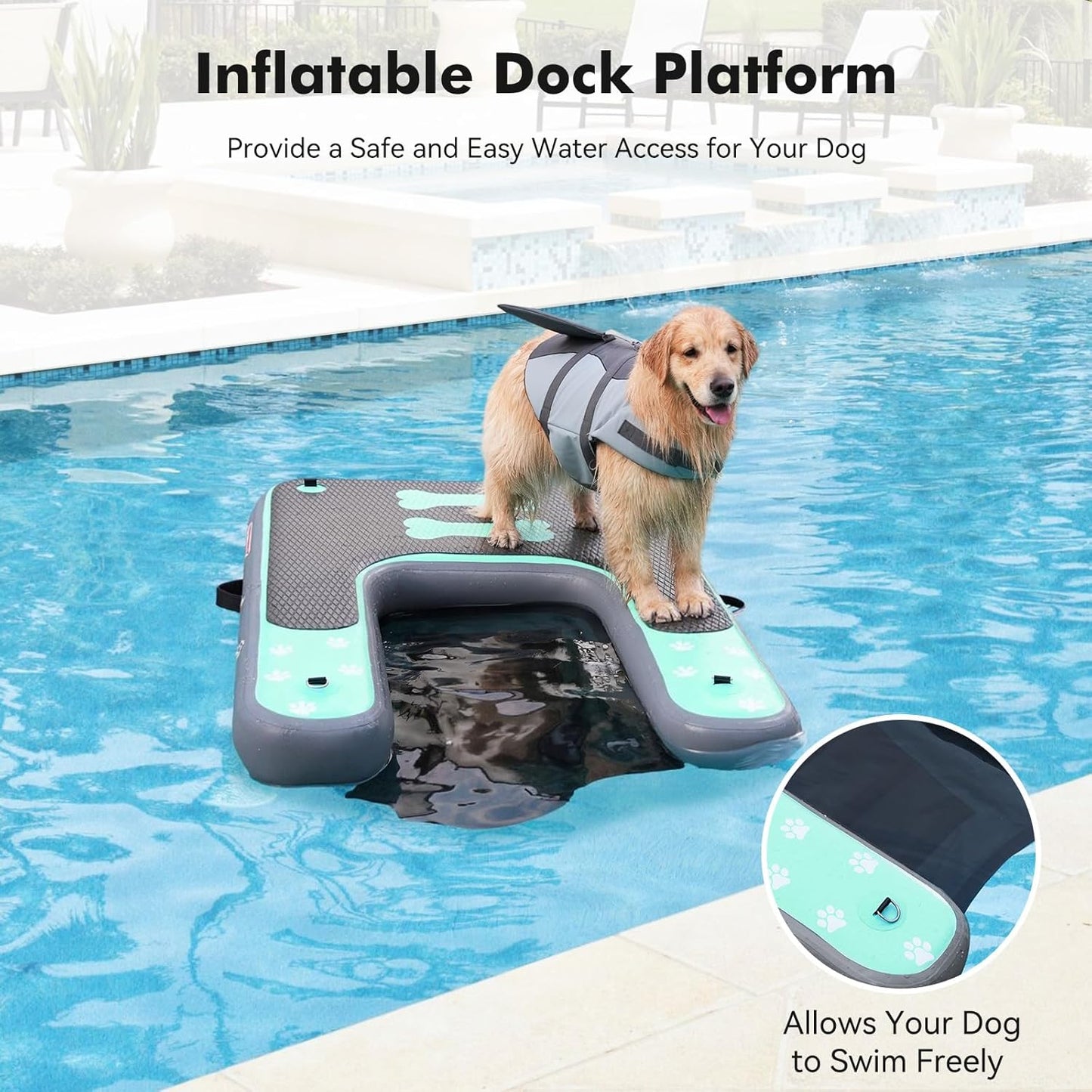 Inflatable Dog Boat Ramp for Dogs Up to 240 lbs, Inflatable Dock Floating Platform with Anti-Slip EVA Foam Safe & Easy Water Access, Dog Ramp for Boat, Pools, Lakes, Boats, Docks, Green