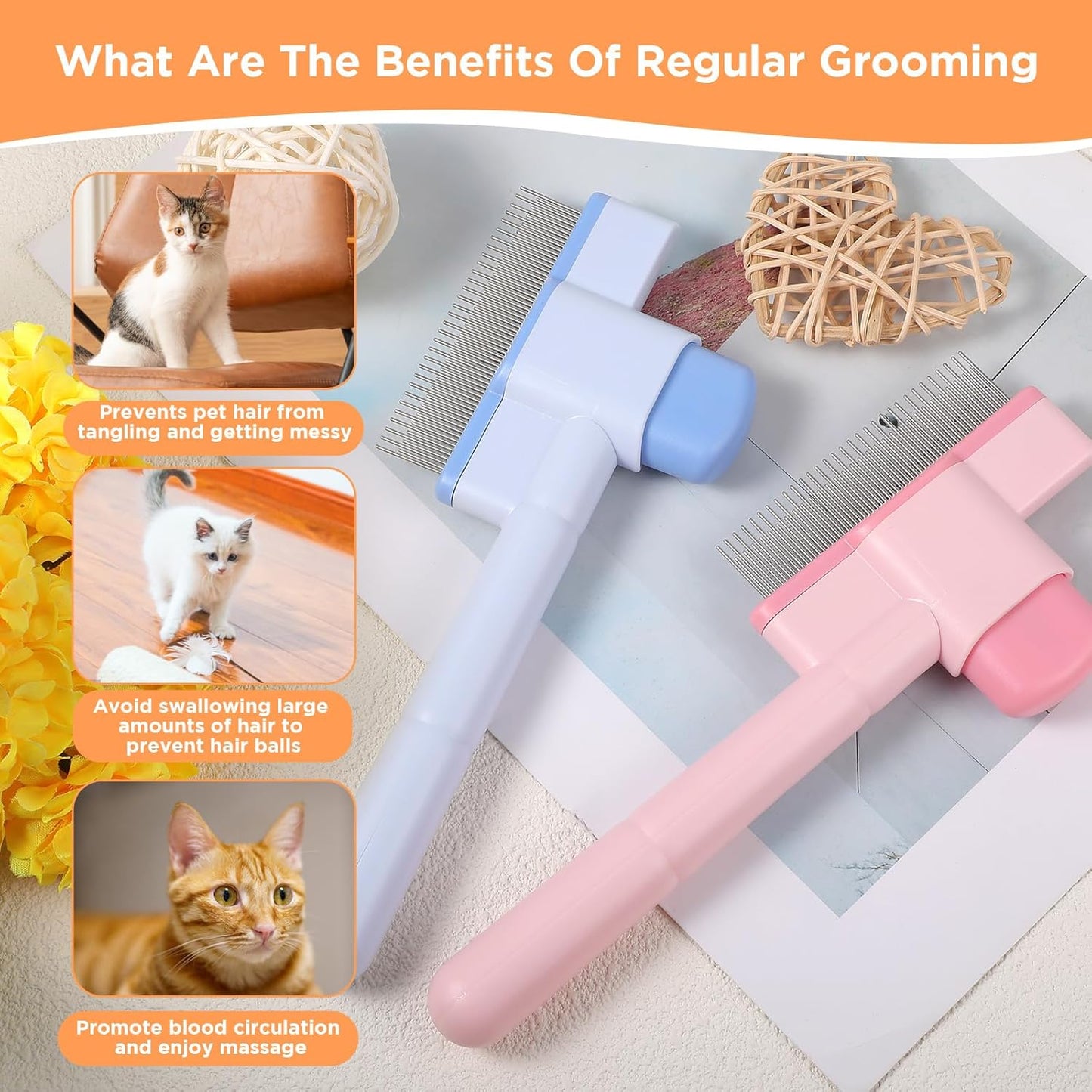 2 Pcs Pet Flea Hair Comb Self Cleaning Cat Brush with Release Button Comfort Safety Stainless Steel Brush Short Long Hair Removal Dogs Grooming Comb for Shedding Tangles