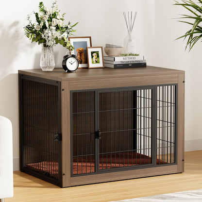 Greesum Modern Dog Crate Furniture That Doubles as a Side Table - Sturdy Wooden Kennel with Front & Side Door Access, Plush Cushion & Chew-Resistant Design for All Dog Sizes
