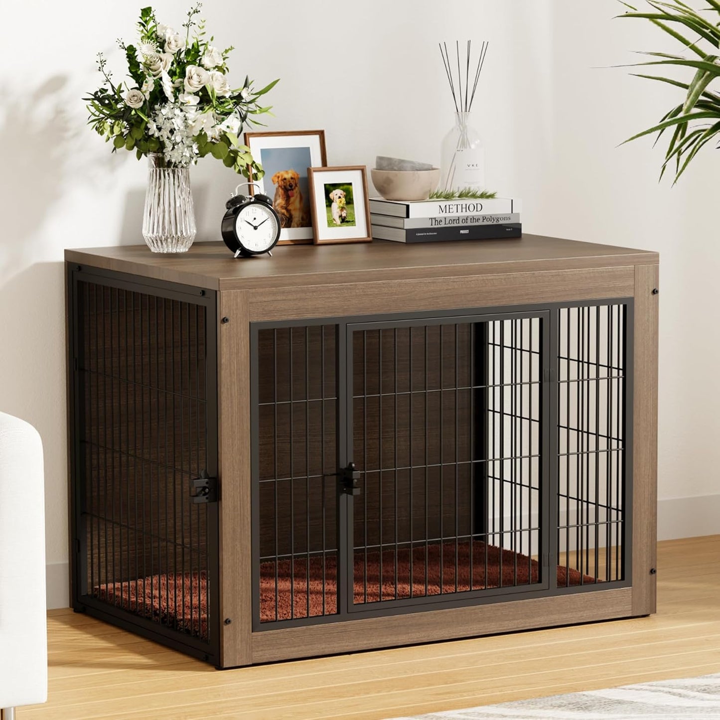 Greesum Modern Dog Crate Furniture That Doubles as a Side Table - Sturdy Wooden Kennel with Front & Side Door Access, Plush Cushion & Chew-Resistant Design for All Dog Sizes