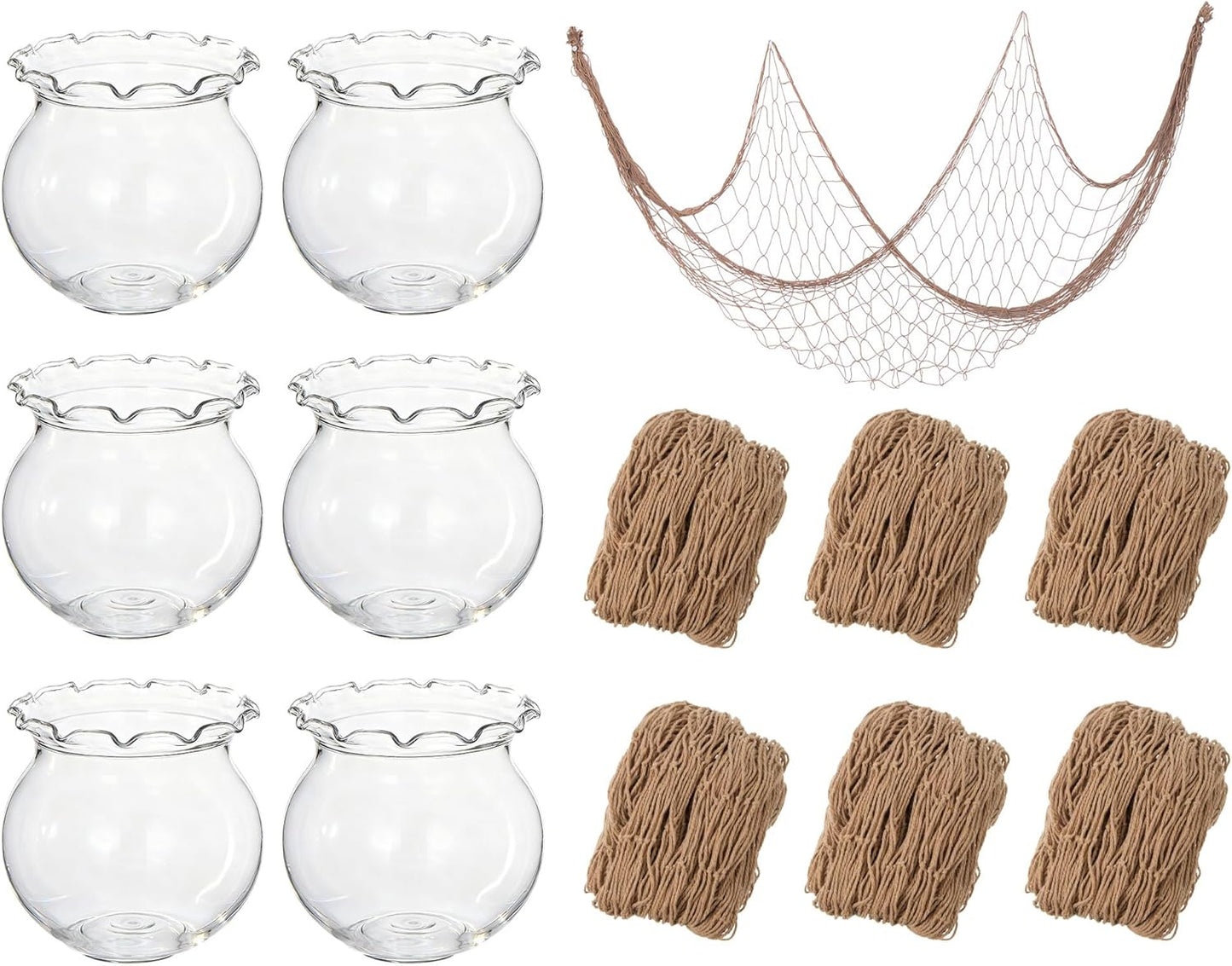 SATINIOR Mini Plastic Fish Bowl with Fish Net Decor, 6 Small 0.18 Gallon Lace Bubble Bowl Pair with 6 Fishnet, for Ocean-Themed Aquarium Hawaiian Parties Banquets Mediterranean Style
