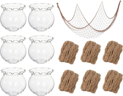 SATINIOR Mini Plastic Fish Bowl with Fish Net Decor, 6 Small 0.18 Gallon Lace Bubble Bowl Pair with 6 Fishnet, for Ocean-Themed Aquarium Hawaiian Parties Banquets Mediterranean Style