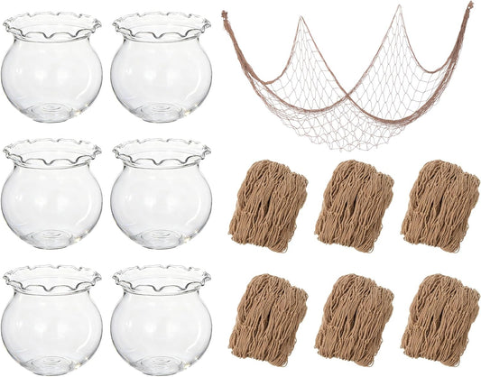 SATINIOR Mini Plastic Fish Bowl with Fish Net Decor, 6 Small 0.18 Gallon Lace Bubble Bowl Pair with 6 Fishnet, for Ocean-Themed Aquarium Hawaiian Parties Banquets Mediterranean Style