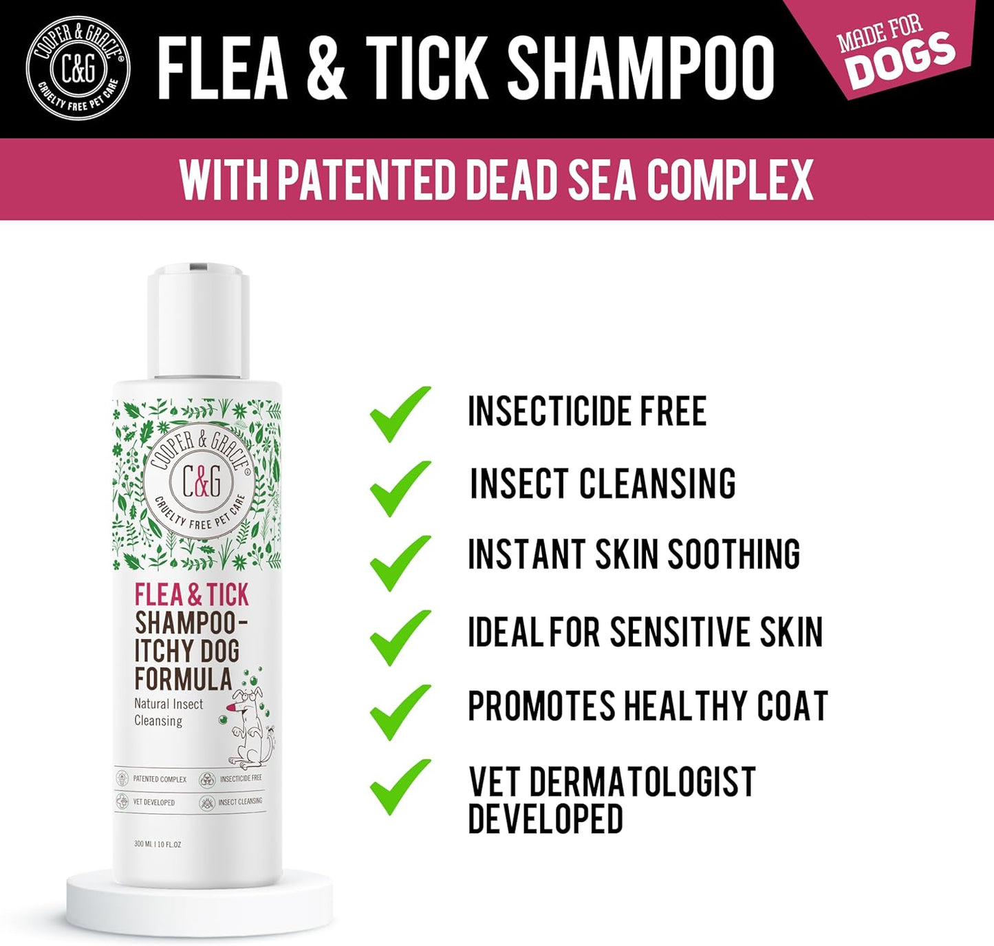 Itchy Dog Flea and Tick Shampoo 300ml – Plant-Based Gentle Dog Shampoo – Flea & Tick Care for Dogs – Cleanses & Freshens Coat – for Sensitive Skin – by C&G Pets