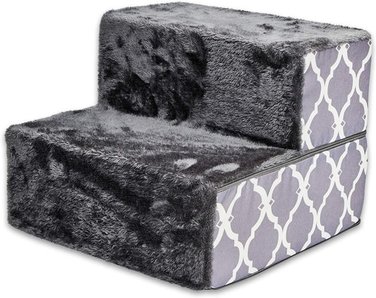 Best Pet Supplies Foldable Pet Steps/Stairs with CertiPUR-US Certified Foam for Small to Medium Dogs/Cats - Gray Lattice Print, 2-Step (H: 12'') (STF240T-2)