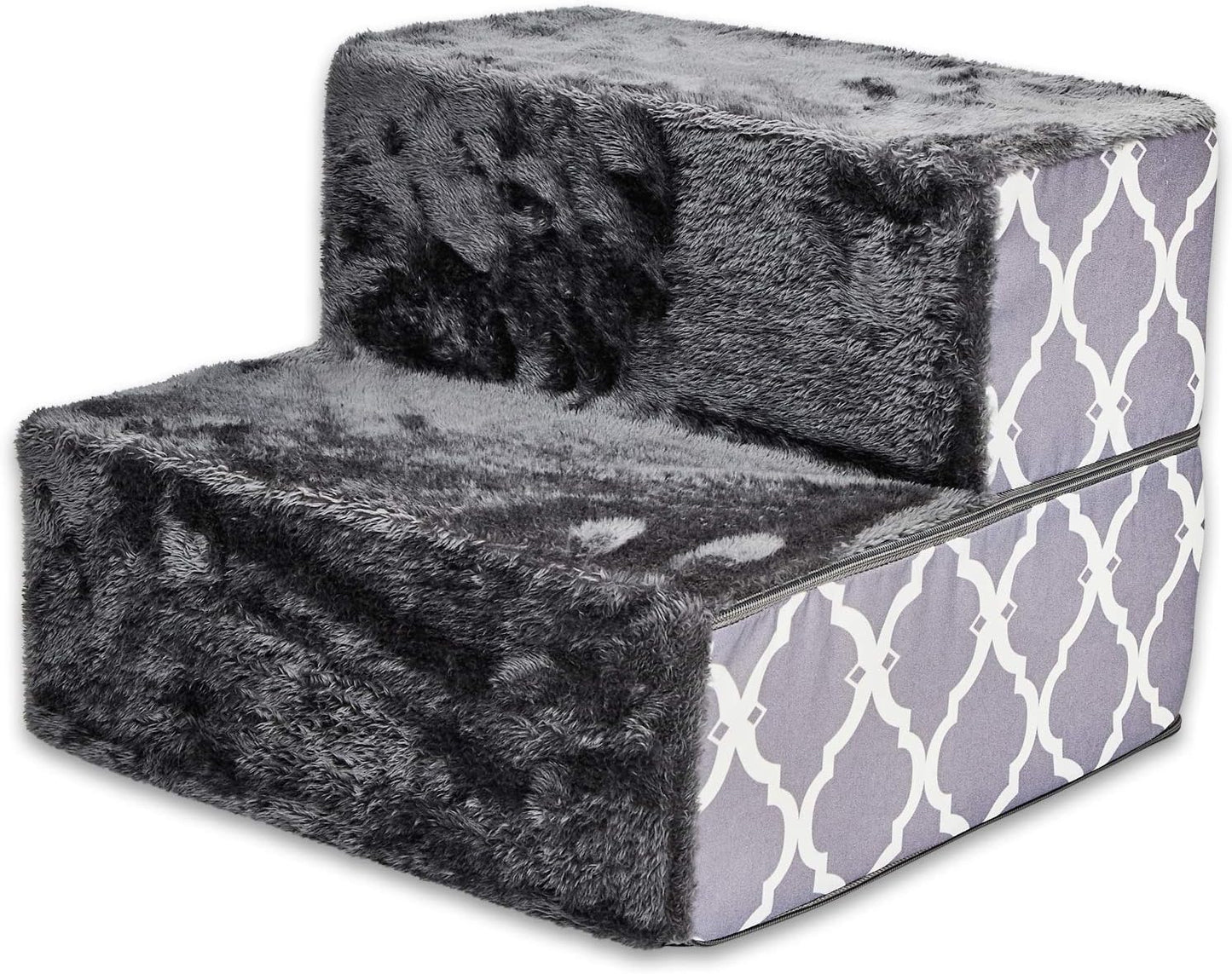 Best Pet Supplies Foldable Pet Steps/Stairs with CertiPUR-US Certified Foam for Small to Medium Dogs/Cats - Gray Lattice Print, 2-Step (H: 12'') (STF240T-2)