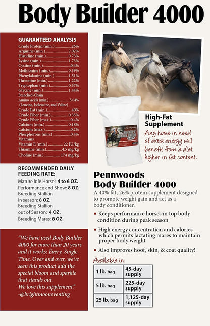 Pennwoods Body Builder 4000, Horse Weight Gain Supplement, High Fat and Energy Horse Weight Builder with Body Conditioning Horse Vitamins, Improves Hoof Quality - 25 LB Bag