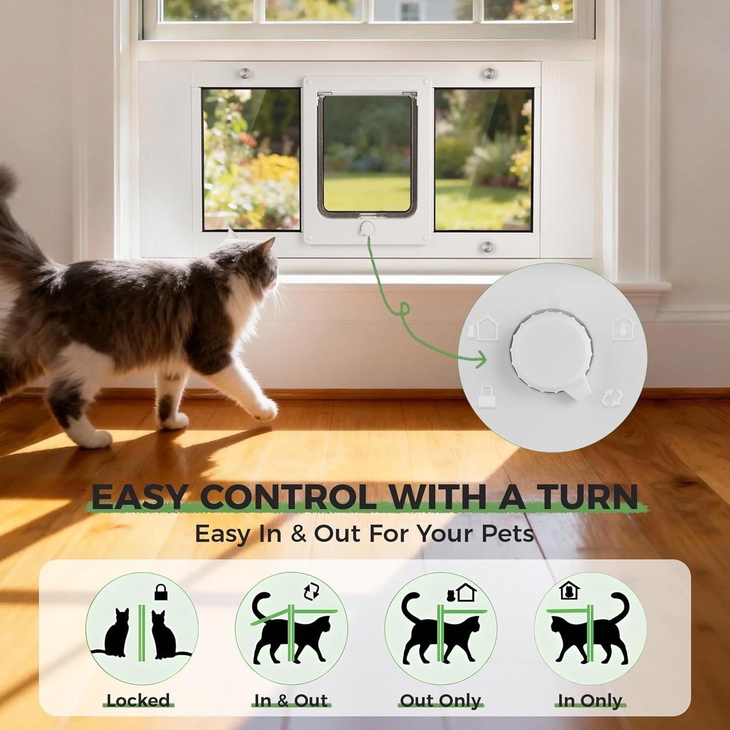 Slevoo Cat Door for Window Adjustable Fits 23" to 28" Sliding Windows, Energy-Saving High-Seal Window Pet Door with 4 Lock Modes, Tool-Free Install, Heavy-Duty Aluminum Frame, Multi-Pet Compatible