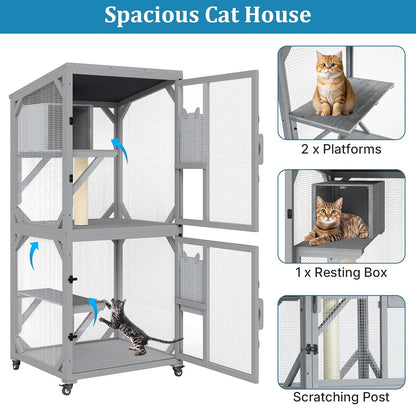 Catio Outdoor Cat Enclosure, Cat Patio Enclosure with 3 Platforms, Cat Condo Outdoor, Wooden Movable Cats Cage with 4 Wheels, Large Outdoor Cats House