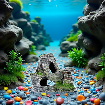 Resin Aquarium Mountain Decor with Moss Rock Cave - Multi-Level Terrain for Fish Tank Landscaping, Natural-Looking Rockery Design with Hidden Cave and Crevices for Shrimp, Reptile Habitat