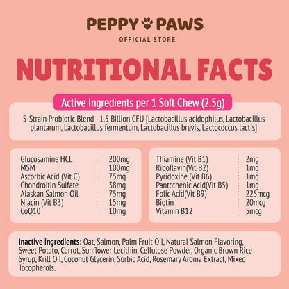 Dog Multivitamin Soft Chews – 120 Count | with Omega 3, Glucosamine, MSM, Chondroitin, CoQ10, Vitamins B & C | for Joint, Heart, Skin & Immune Support | Salmon Flavor | Non-GMO & Natural