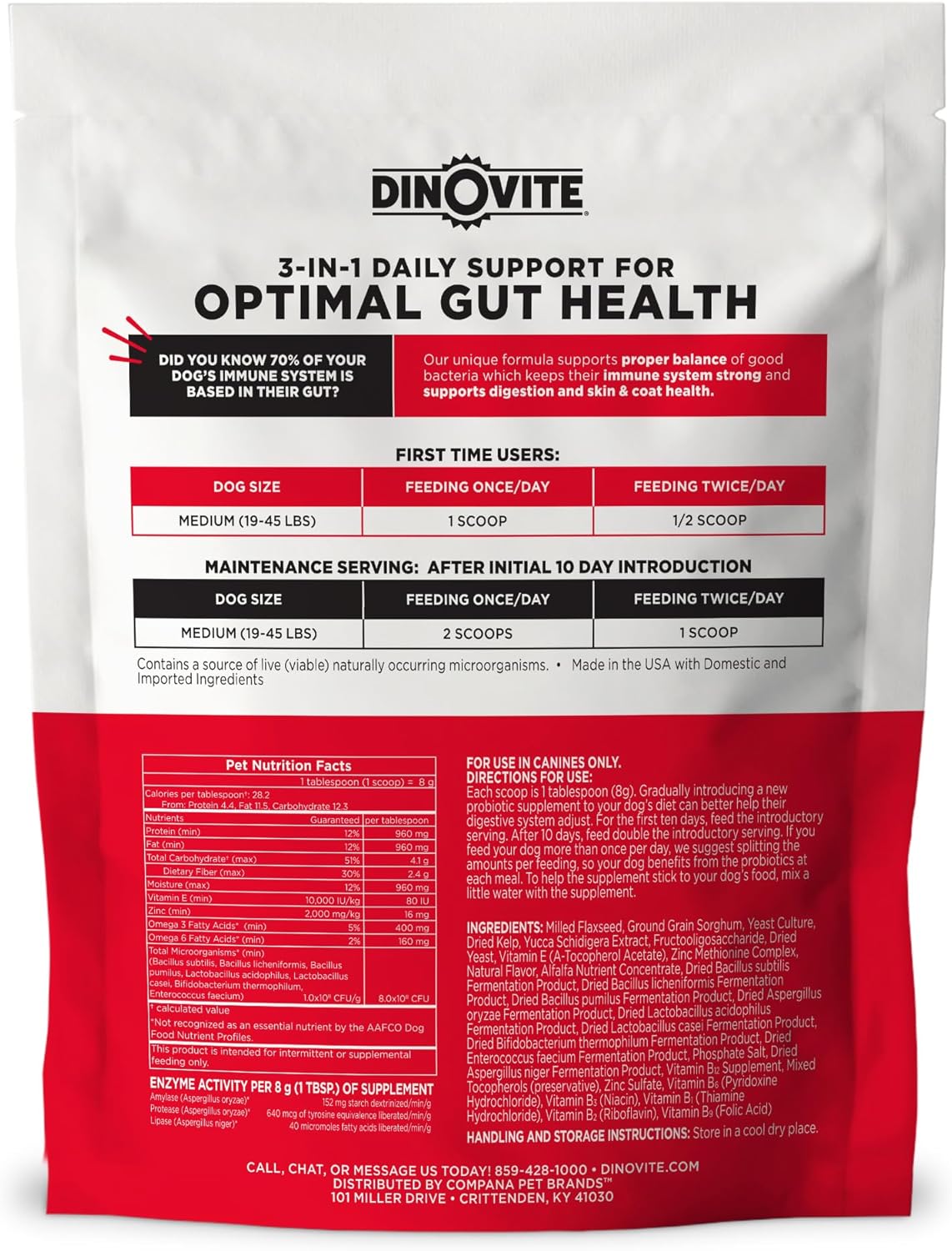 Dinovite 3 in 1 Probiotic for Medium Dogs, Skin & Coat, Digestive Health & Joint Relief, Dog Food Toppers, Immune Support, Allergy Relief & Itch Relief Skin Care, 30 Servings (18-45lb)