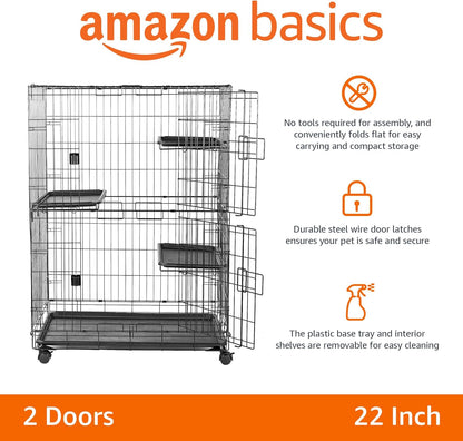 Amazon Basics Large 3-Tier Cat Durable,Pliable Cage Playpen Box Crate Kennel - 35.8"L x 22.4"W x 50.6"H, Black
