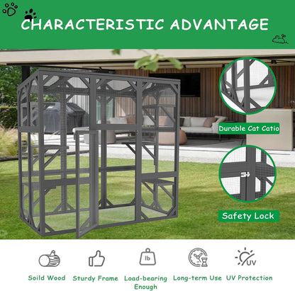 KEIKI Outdoor Wooden Cat Cage Catio Enclosure with Large Enter Door, Walk in Cat House Shelter with 6 Platforms for Multiple Pets, 60" Tall Kitten Cage with Lock, UV Resistant & Waterproof, Gray