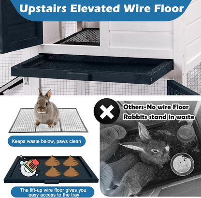 Bunny Hutch Indoor Outdoor Rabbit Cage Chicken Coop Animal House with Wire Floor Above Pull-Out Tray, Chew-Resistant Ramp & Entrance, Openable Waterproof Roof & UV-Resistant Roof