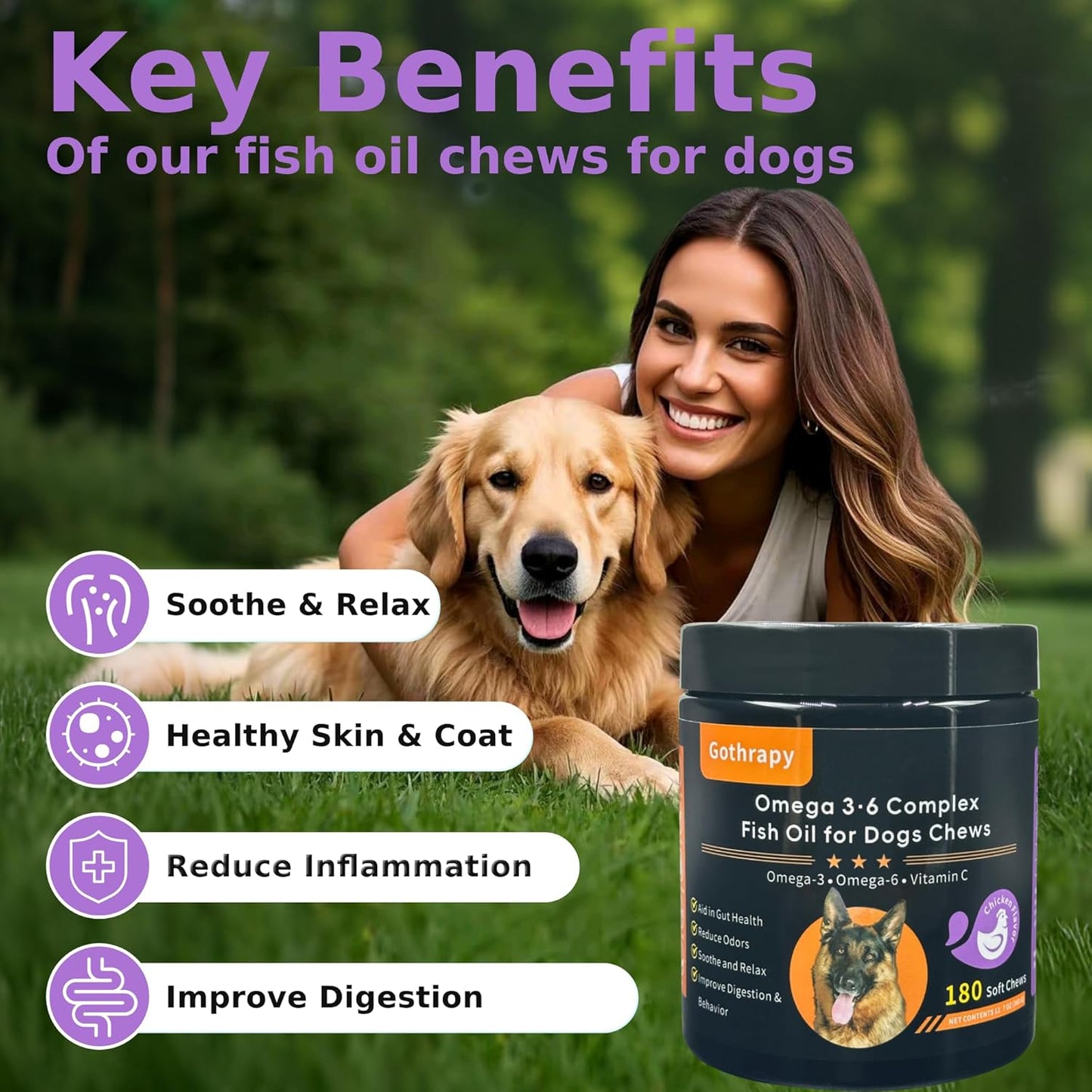 Fish Oil for Dogs, Vet-Formulated, US-Formulas Oral Natural Omega 3 & 6 Treatment Supplements – EPA & DHA Fatty Acids for Itchy Skin, Shedding & Allergy Relief – 180 Chicken Soft Chews