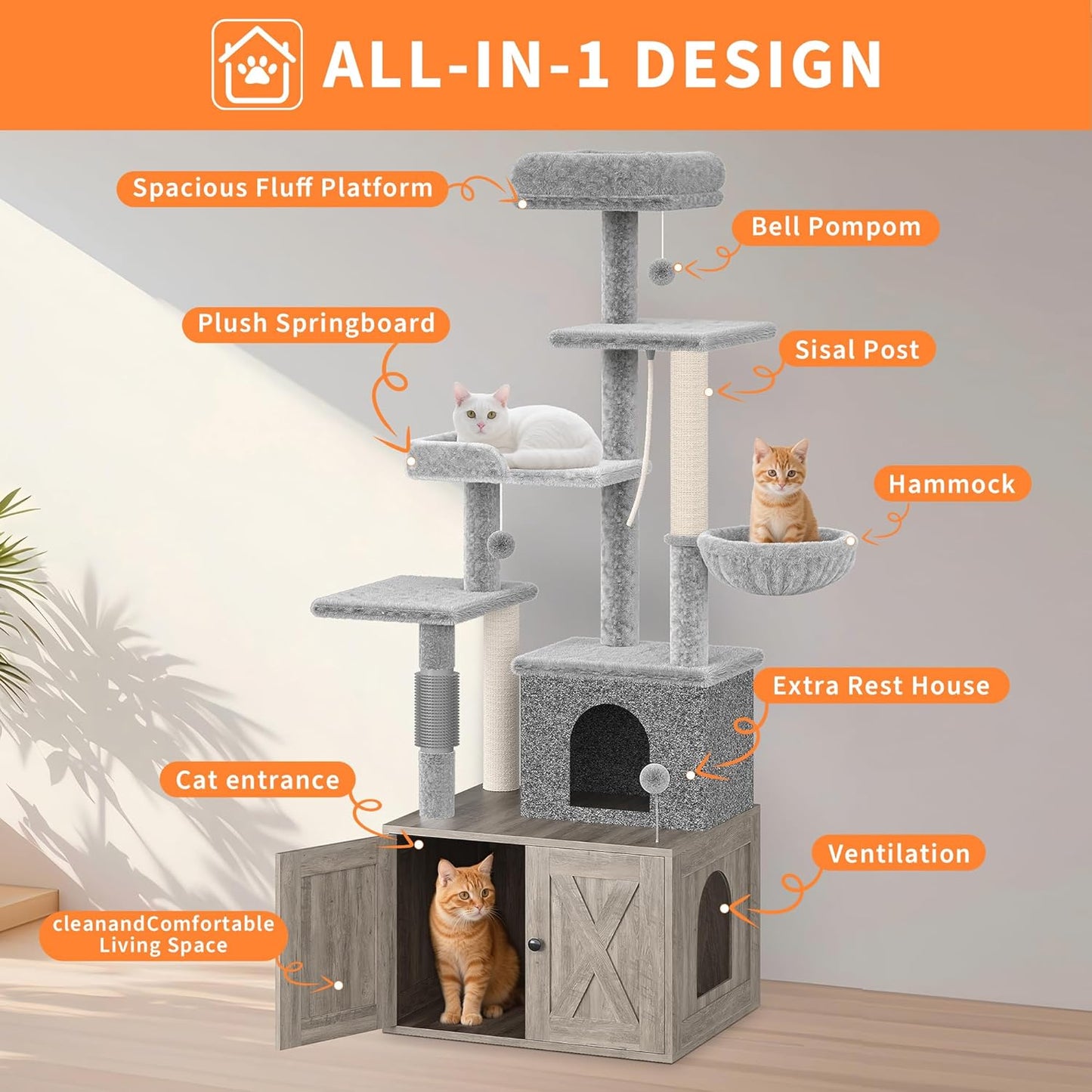 GarveeLife Litter Box Enclosure with Cat Tree, 2-in-1 Modern Cat Tower, Hidden Washroom Furniture, Wood Cat Condo with Scratching Post and Hammock, Indoor Pet Furniture with Multiple Platform, Grey