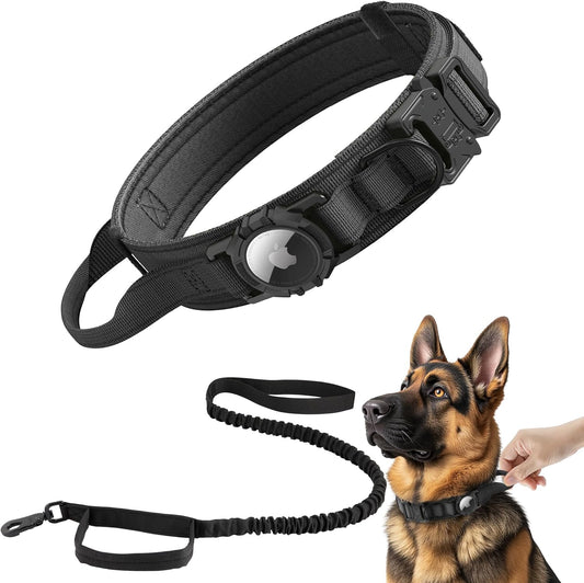 Tactical AirTag Dog Collar Leash Set - Heavy Duty, Adjustable GPS Collar Compatible with Apple AirTag, with Holder & Control Handle for Medium/Large Dogs [ Black, L ]