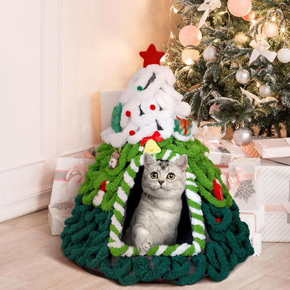 Cat Christmas Tree House Assembled Felt Cat Cave House Removable Comfortable Triangle Pet Teepee Xmas Dog Cave in Winter