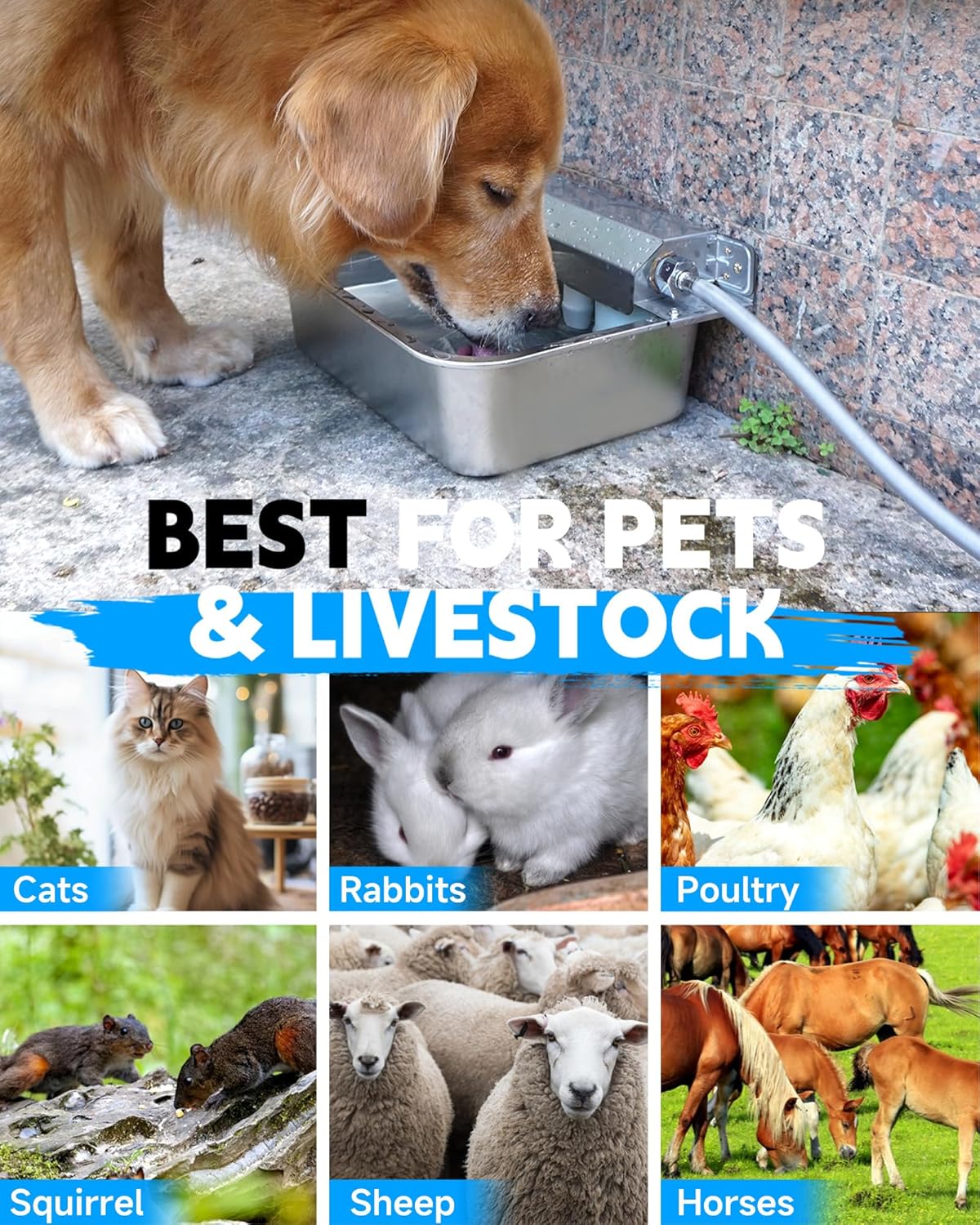 Automatic Dog Water Dispenser, 2 Gallons 304 Stainless Steel Dog Water Bowl for Indoor/Outdoor, Large Water Bowl for Pets & Livestock, Anti Tip, Wide Mouth, Water Auto Fill, Fit GHT 3/4" Faucet