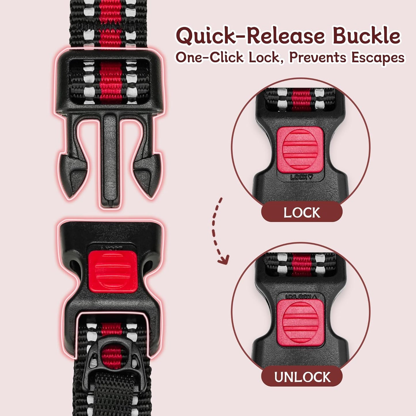 Martingale Collar for Dogs Reflective Collar with Quick Release Buckle, Adjustable Nylon Collars for No Slip Dog Collar, Red, M