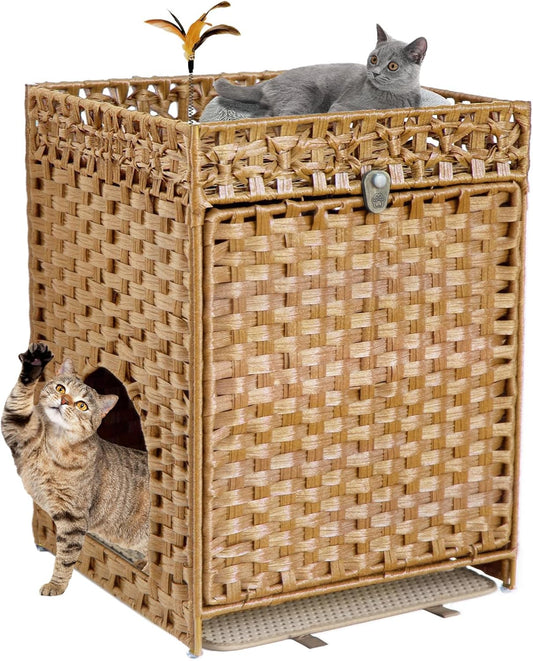 KOUSEI Handwoven Rattan Cat Litter Box Enclosure Furniture - Hidden Indoor Pet House with Door & Mat, Discreet Washroom Cabinet for Living Room and Bedroom, Natural