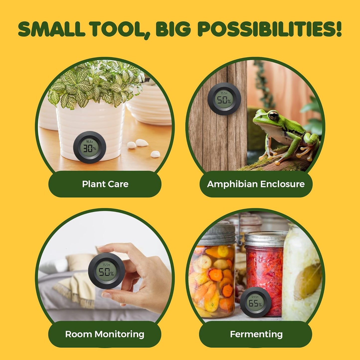 SunGrow Reptile Thermometer with Hygrometer with Digital Display, Accurate Temperature, Humidity Gauge for Snake and Lizard Tanks, Round Clear LCD, Black, 1.8”x1.8”x0.6”